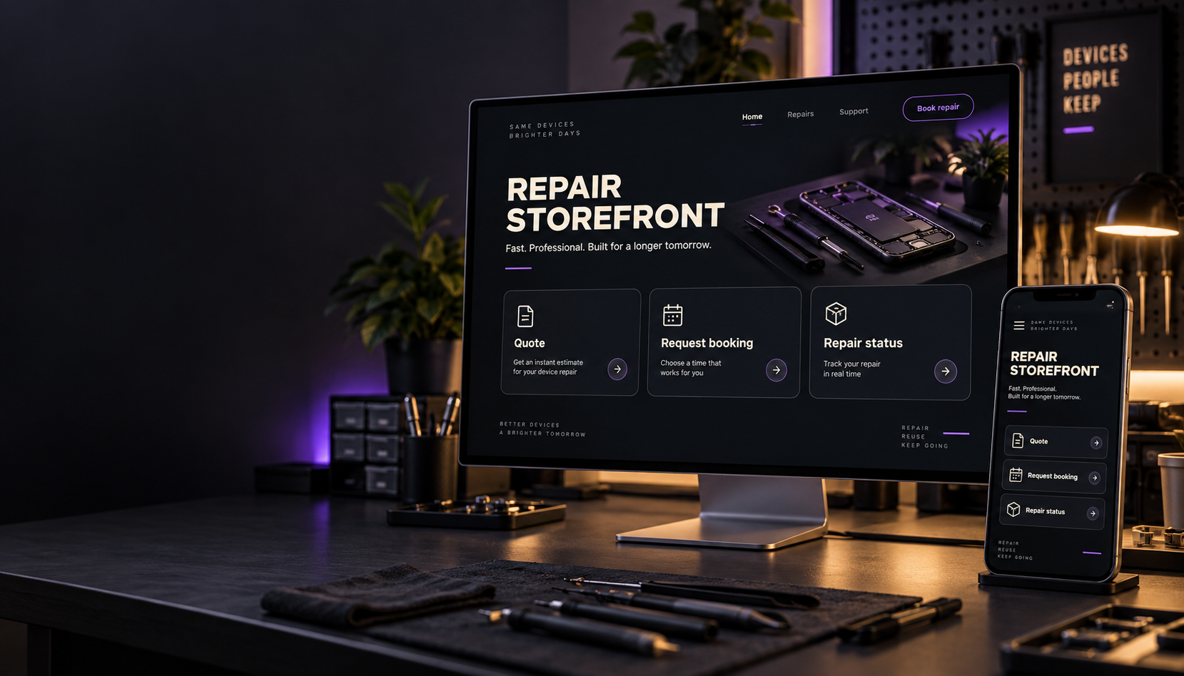 Repair-business workspace and storefront illustration